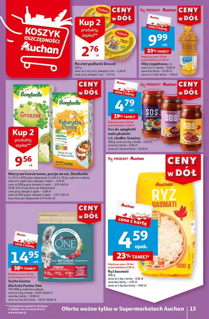 Gazetka promocyjna Auchan - Gazetka CENY W DÓŁ Supermarket Auchan - ważna 31.05 do 05.06.2024 - strona 13 - produkty: Bonduelle, Kukurydza, Olej, Olej rzepakowy, Pasztet, Podlaski, Por, Pur, Purina, Ryż, Ryż basmati, Ser, Sos, Spaghetti, Sucha karma, Warzywa, Warzywa konserwowe