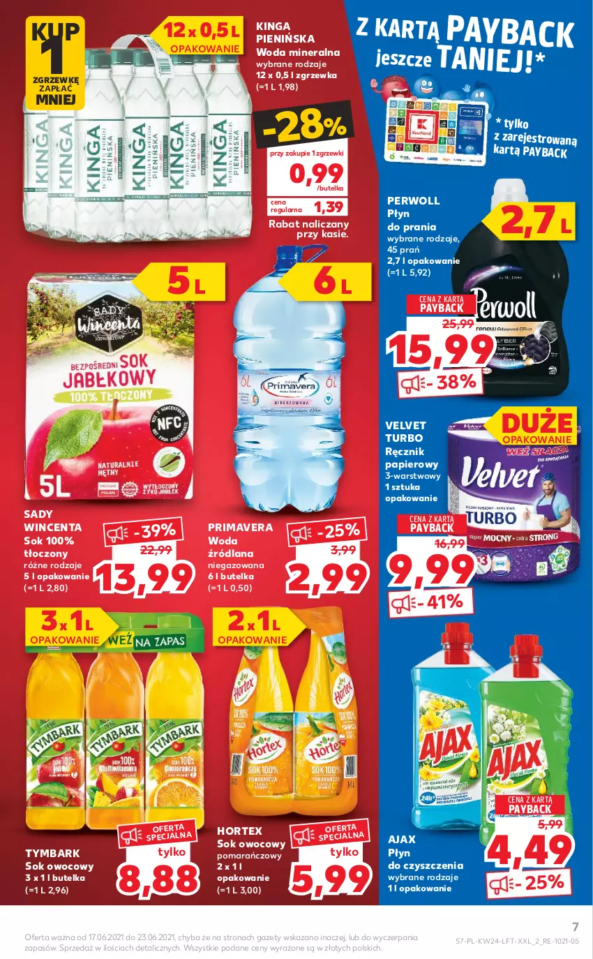 Gazetka promocyjna Kaufland - OFERTA TYGODNIA - ważna 17.06 do 23.06.2021 - strona 7 - produkty: Ajax, Hortex, LANA, Papier, Perwoll, Płyn do prania, Prima, Primavera, Ręcznik, Sok, Tymbark, Velvet, Woda, Woda mineralna