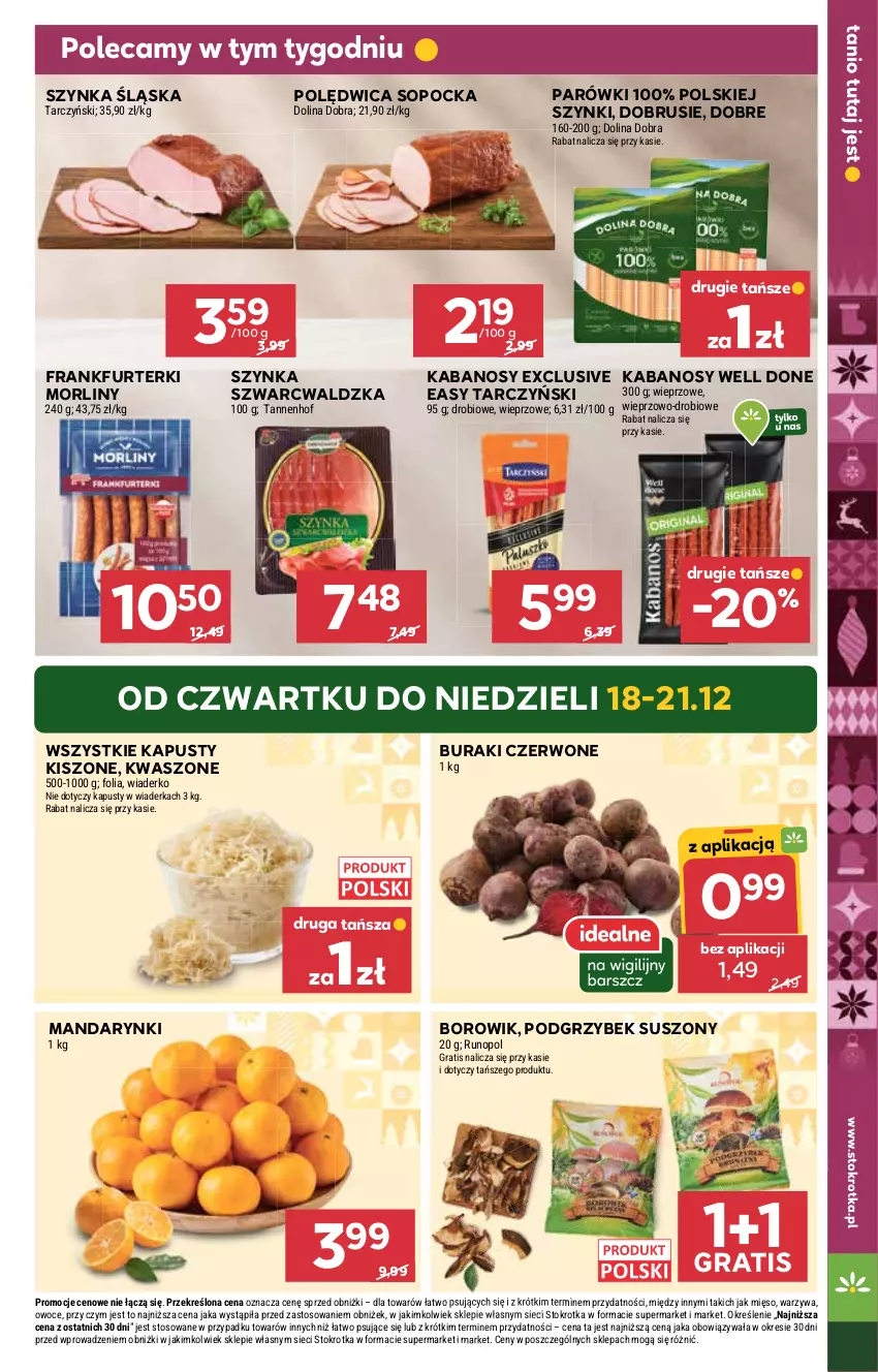 Gazetka promocyjna Stokrotka - Market - ważna 18.12 do 21.12.2025 - strona 15 - produkty: Buraki, Frankfurterki, Gra, Kabanos, Mandarynki, Mięso, Morliny, Obrus, Owoce, Parówki, Polędwica, Szynka, Tarczyński, Warzywa