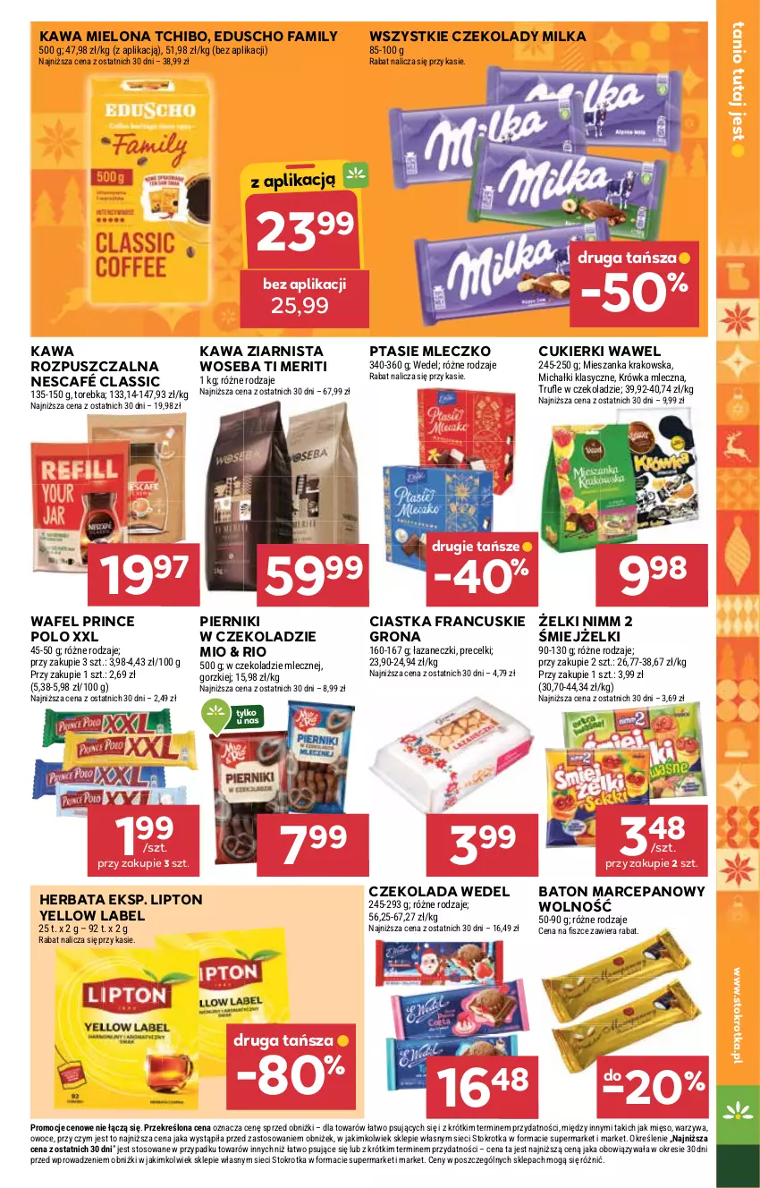 Gazetka promocyjna Stokrotka - Market - ważna 18.12 do 21.12.2025 - strona 19 - produkty: Baton, Baton marcepanowy, Ciastka, Cukier, Cukierki, Czekolada, Fa, Herbata, Kawa, Kawa mielona, Kawa rozpuszczalna, Kawa ziarnista, Lipton, Michałki, Mięso, Milka, Mleczko, Nescafé, Owoce, Piernik, Pierniki w czekoladzie, Precelki, Prince Polo, Ptasie mleczko, Tchibo, Torebka, Warzywa, Wawel, Woseba