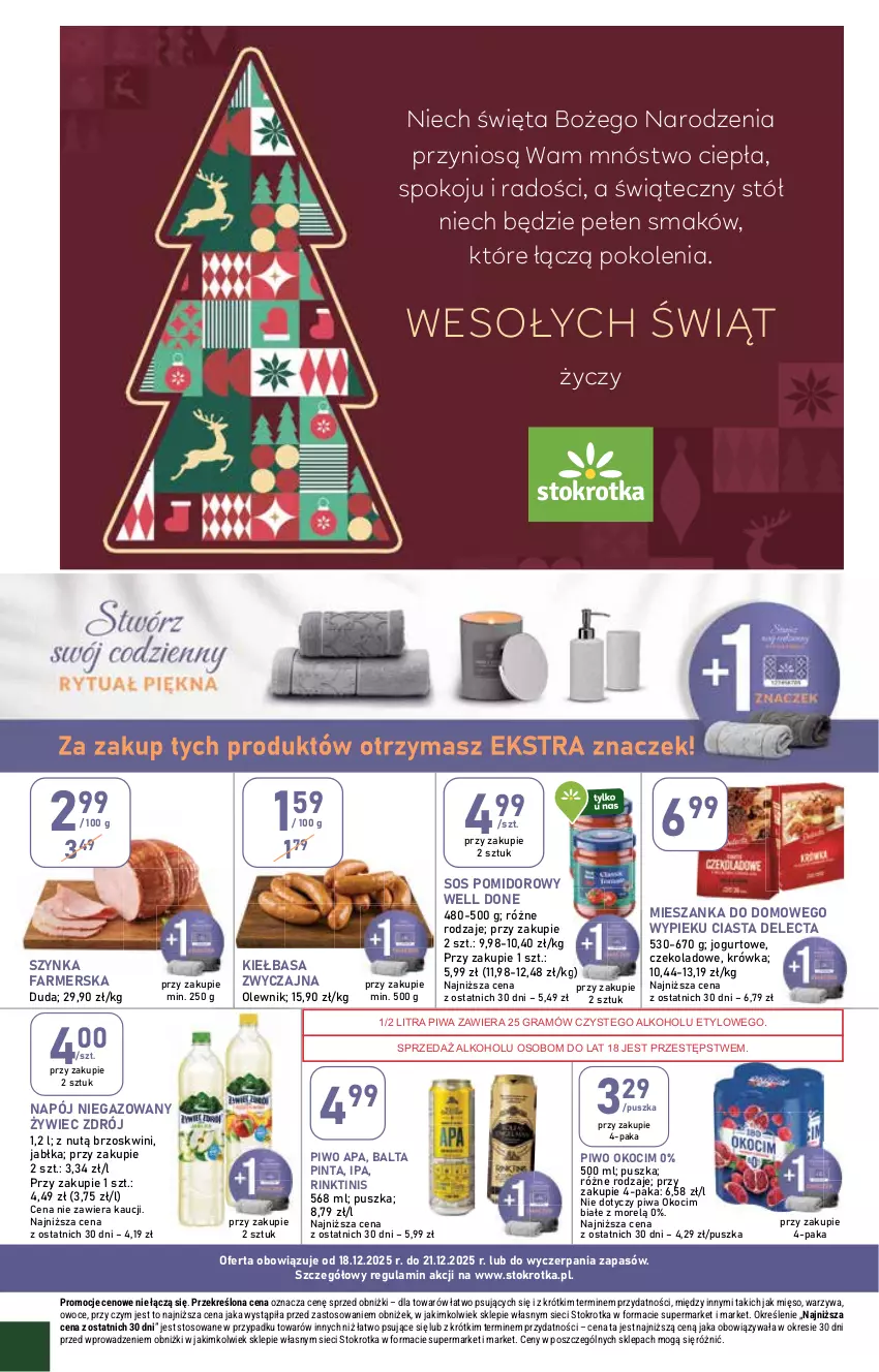 Gazetka promocyjna Stokrotka - Market - ważna 18.12 do 21.12.2025 - strona 26 - produkty: Delecta, Duda, Fa, Gra, Jabłka, Jogurt, Kiełbasa, Koc, Mięso, Napój, Napój niegazowany, Okocim, Olewnik, Owoce, Piwa, Piwo, Sos, Sos pomidorowy, Stół, Szynka, Szynka farmerska, Warzywa
