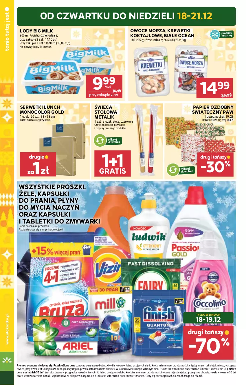 Gazetka promocyjna Stokrotka - Market - ważna 18.12 do 21.12.2025 - strona 4 - produkty: Algida, Big Milk, Do mycia naczyń, Gra, Kapsułki do prania, Krewetki, LG, Lody, Mięso, Owoce, Owoce morza, Papier, Papier ozdobny, Ser, Serwetki, Tablet, Tabletki do zmywarki, Warzywa, Zmywarki