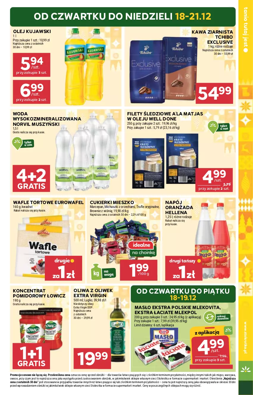 Gazetka promocyjna Stokrotka - Market - ważna 18.12 do 21.12.2025 - strona 5 - produkty: Brownie, Cukier, Cukierki, Gin, Gra, Hellena, Kawa, Kawa ziarnista, Koncentrat pomidorowy, Kujawski, Masło, Matjas, Mięso, Mleko, Mlekovita, Mus, Napój, Olej, Oliwa z oliwek, Oranżada, Owoce, Sok, Tchibo, Wafle, Wafle tortowe, Warzywa, Woda
