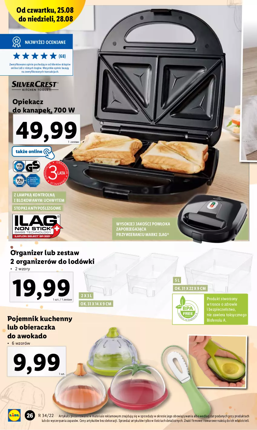 Gazetka promocyjna Lidl - GAZETKA - ważna 22.08 do 28.08.2022 - strona 26 - produkty: Obieraczka, Opiekacz do kanapek, Organizer, Piec, Pojemnik, Sok, Top, Tran, Zdrowie