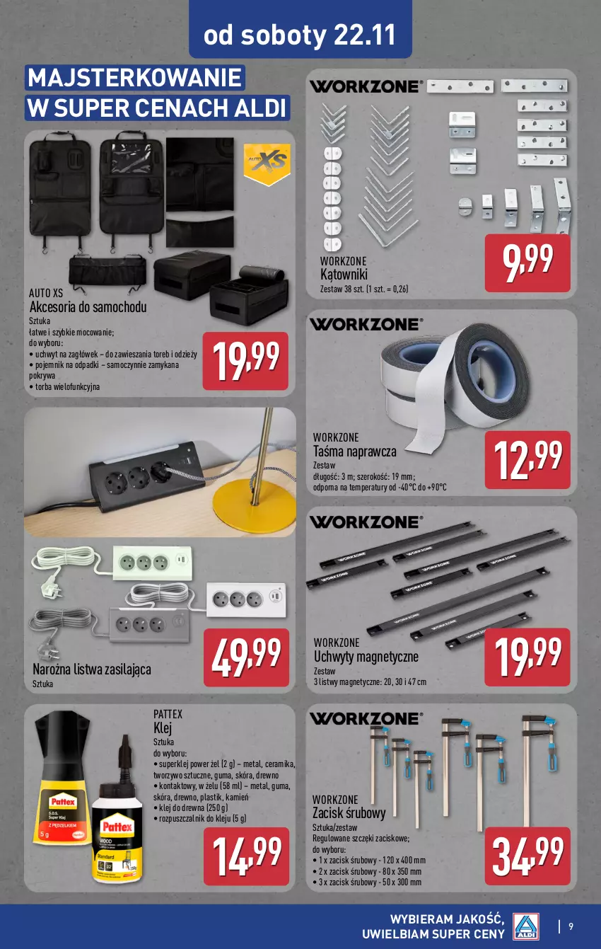 Gazetka promocyjna Aldi - Artykuły przemysłowe i tekstylia - ważna 19.11 do 22.11.2025 - strona 9 - produkty: Klej, Listwa, Pojemnik, Pokrywa, Por, Taśma naprawcza, Torba, Uchwyty, Zagłówek