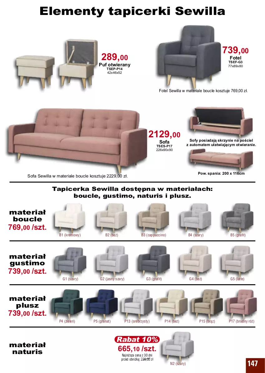 Gazetka promocyjna Bodzio - ważna 01.10 do 31.12.2024 - strona 147 - produkty: Cappuccino, Elementy tapicerki, Fa, Fotel, Gra, Granat, Kosz, Pościel, Puf, Sofa, Tapicerka