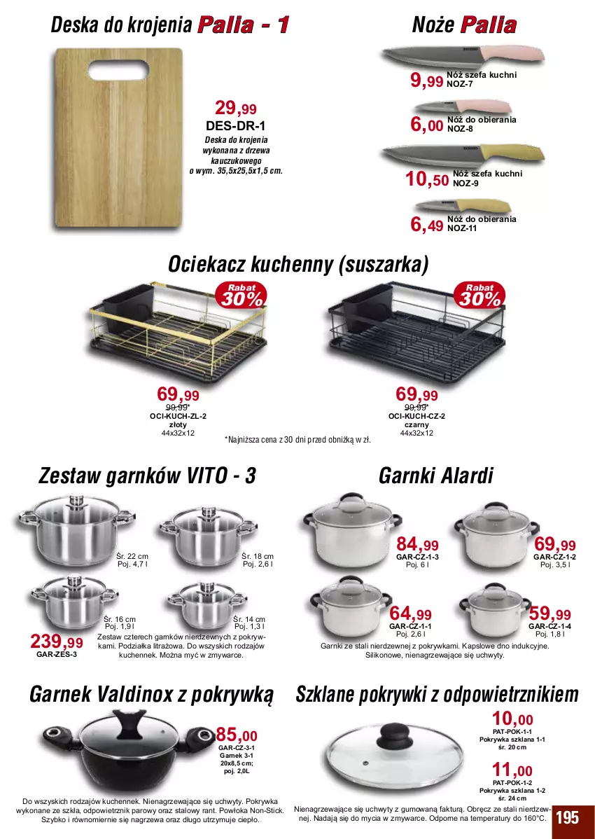 Gazetka promocyjna Bodzio - ważna 01.10 do 31.12.2024 - strona 195 - produkty: Deska do krojenia, Fa, Garnek, LANA, Noż, Ociekacz, Pokrywka szklana, Por, Suszarka, Uchwyty