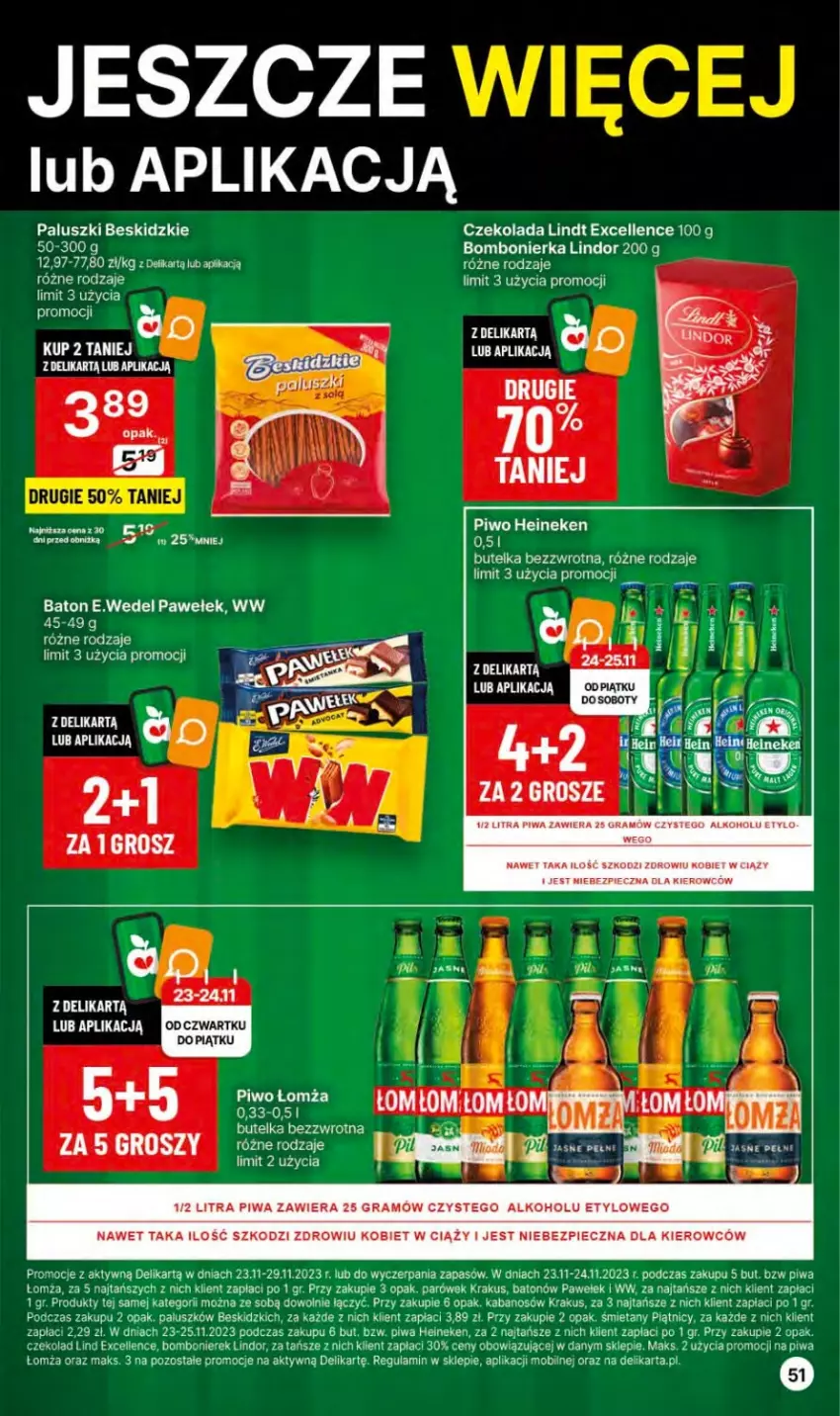 Gazetka promocyjna Delikatesy Centrum - Dyskontowe ceny w Delikatesach Centrum - ważna 23.11 do 29.11.2023 - strona 51 - produkty: Baton, Beskidzki, Czekolada, Gra, Heineken, Kabanos, Krakus, Lindor, Lindt, Mobil, Piec, Piwa, Piwo