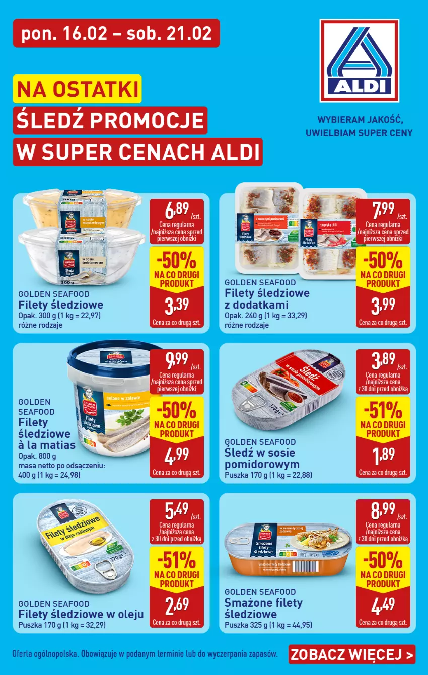 Gazetka promocyjna Aldi - Śledzie w super cenach ALDI - ważna 16.02 do 21.02.2026 - strona 1 - produkty: Golden Seafood, Olej, Sledź, Sos