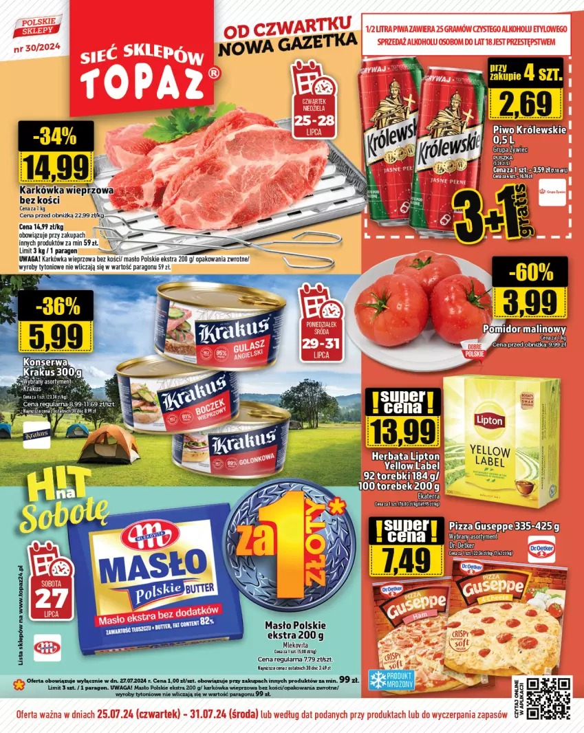 Gazetka promocyjna Topaz - Gazetka - ważna 25.07 do 31.07.2024 - strona 1 - produkty: Karkówka wieprzowa, Masło, Pizza, Waga