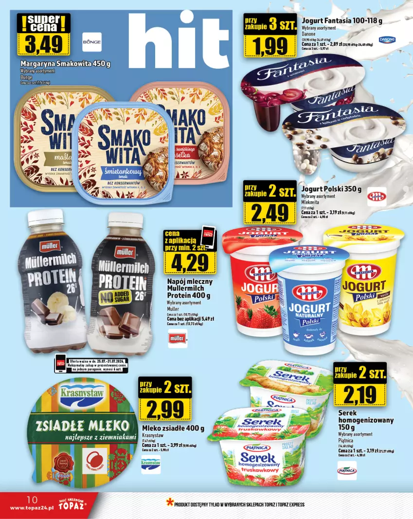 Gazetka promocyjna Topaz - Gazetka - ważna 25.07 do 31.07.2024 - strona 10 - produkty: Danone, Fa, Fanta, Jogurt, Margaryna, Mleko, Mlekovita, Napój, Napój mleczny, Piątnica, Ser, Serek, Sezam, Smakowita, Top