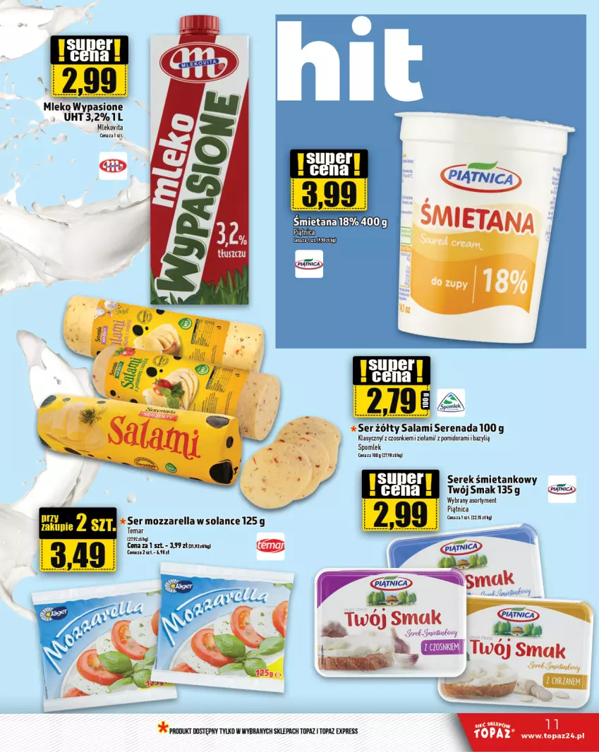 Gazetka promocyjna Topaz - Gazetka - ważna 25.07 do 31.07.2024 - strona 11 - produkty: Bazyl, Mleko, Mlekovita, Mozzarella, Piątnica, Salami, Ser, Serek, Solan, Top, Vita C