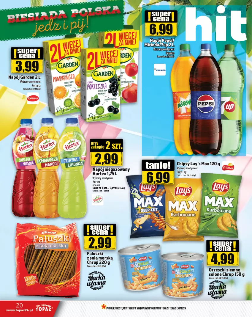 Gazetka promocyjna Topaz - Gazetka - ważna 25.07 do 31.07.2024 - strona 20 - produkty: Chipsy, Fortuna, Hortex, Napój, Napój niegazowany, Orzeszki, Orzeszki ziemne, Top