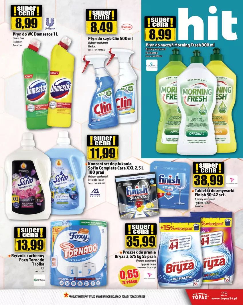 Gazetka promocyjna Topaz - Gazetka - ważna 25.07 do 31.07.2024 - strona 25 - produkty: Bryza, Clin, Domestos, Finish, Foxy, Płyn do szyb, Proszek do prania, Ręcznik, Ręcznik kuchenny, Tablet, Tabletki do zmywarki, Top, Zmywarki