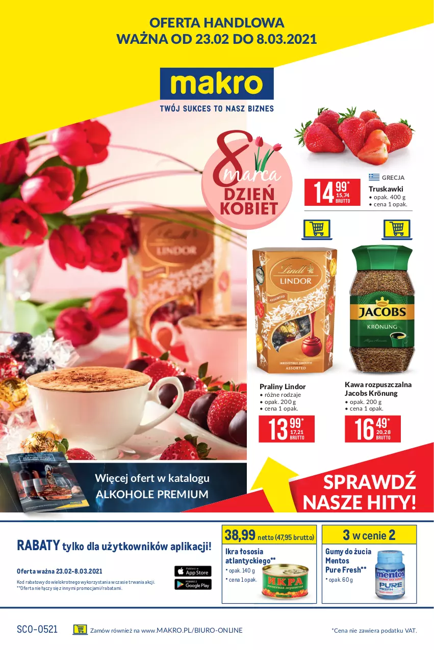 Gazetka promocyjna Makro - [Oferta promocyjna] Artykuły spożywcze - ważna 23.02 do 08.03.2021 - strona 1 - produkty: Alkohole, Biuro, Jacobs, Jacobs Krönung, Kawa, Kawa rozpuszczalna, Lindor, Mentos, Praliny, Pur, Sos, Truskawki