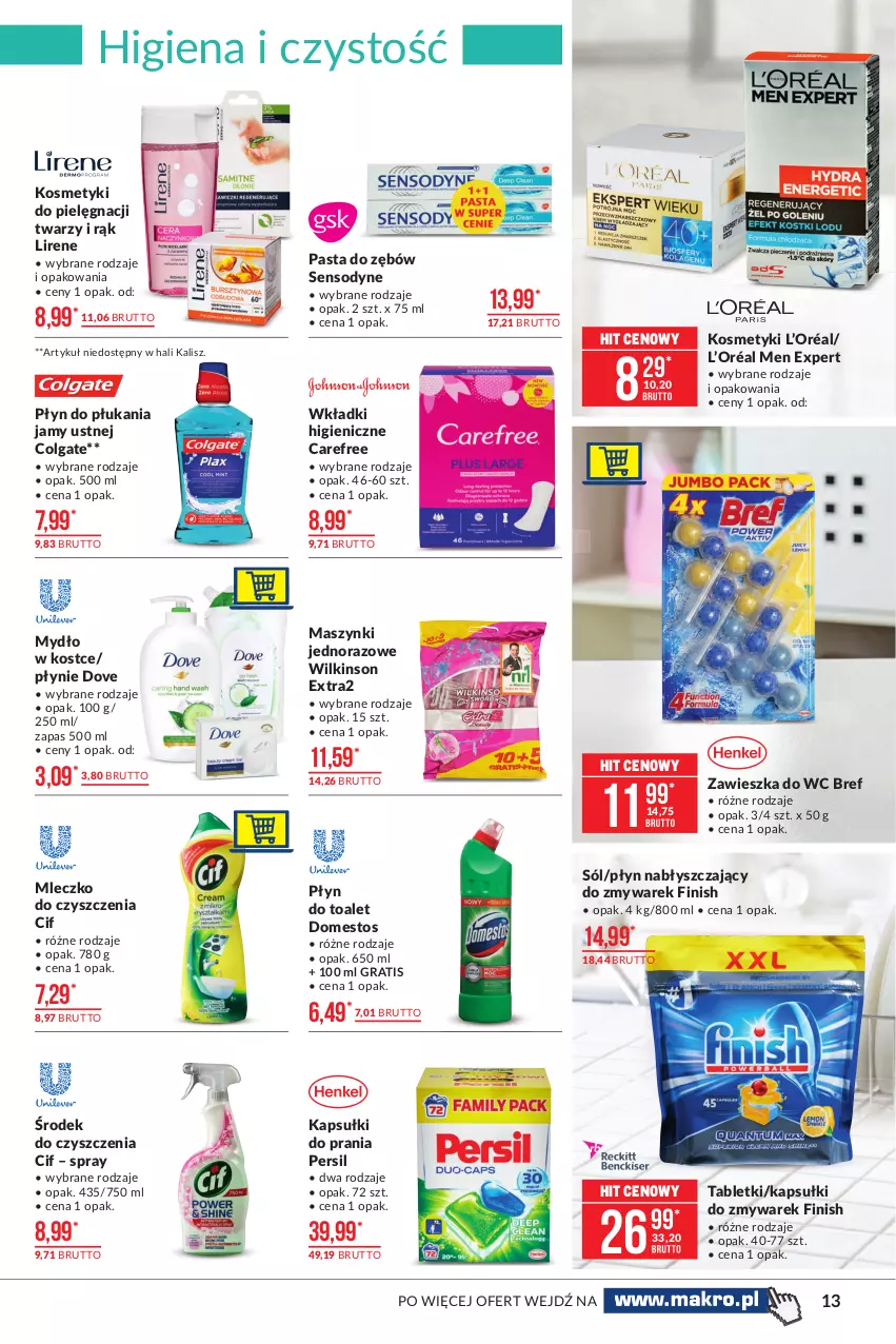 Gazetka promocyjna Makro - [Oferta promocyjna] Artykuły spożywcze - ważna 23.02 do 08.03.2021 - strona 13 - produkty: Bref, Carefree, Cif, Colgate, Domestos, Dove, Finish, Gra, Kapsułki do prania, Kosmetyki do pielęgnacji, L’Oréal, LG, Lirene, Mleczko, Mydło, Pasta do zębów, Persil, Płyn do płukania, Płyn do płukania jamy ustnej, Płyn nabłyszczający, Sensodyne, Sól, Tablet, Wkładki, Zawieszka do wc