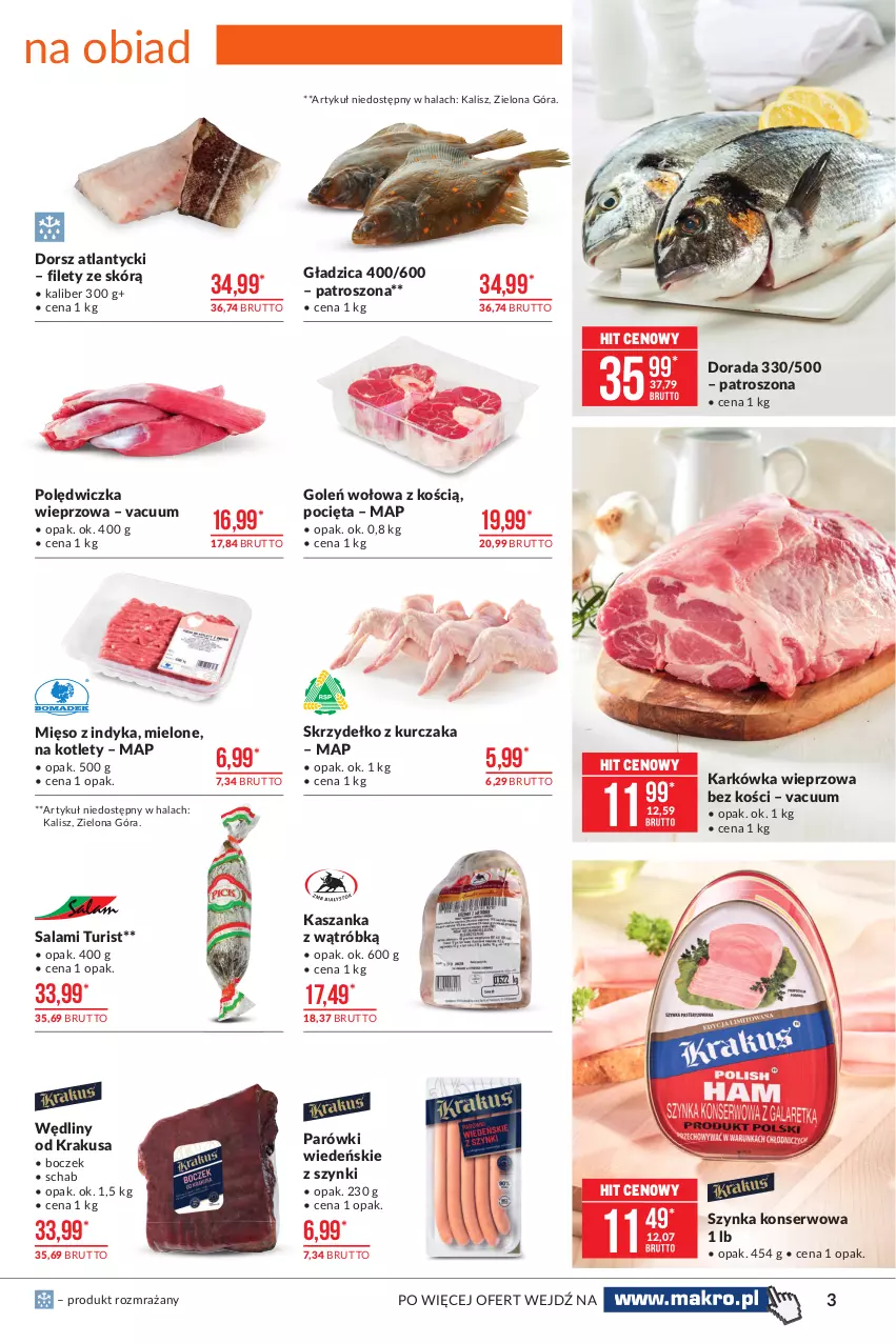 Gazetka promocyjna Makro - [Oferta promocyjna] Artykuły spożywcze - ważna 23.02 do 08.03.2021 - strona 3 - produkty: Boczek, Dorsz, Karkówka wieprzowa, Kasza, Kaszanka, Kotlet, Krakus, Kurczak, Mięso, Mięso z indyka, Parówki, Polędwiczka wieprzowa, Salami, Ser, Szynka, Szynka konserwowa