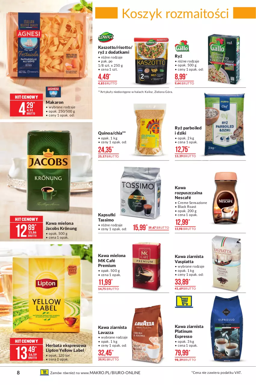 Gazetka promocyjna Makro - [Oferta promocyjna] Artykuły spożywcze - ważna 23.02 do 08.03.2021 - strona 8 - produkty: Biuro, Chia, Herbata, Jacobs, Jacobs Krönung, Kawa, Kawa mielona, Kawa rozpuszczalna, Kawa ziarnista, Kosz, Lack, Lavazza, Lipton, Makaron, Nescafé, Quinoa, Ryż, Ryż parboiled, Tassimo, Zott