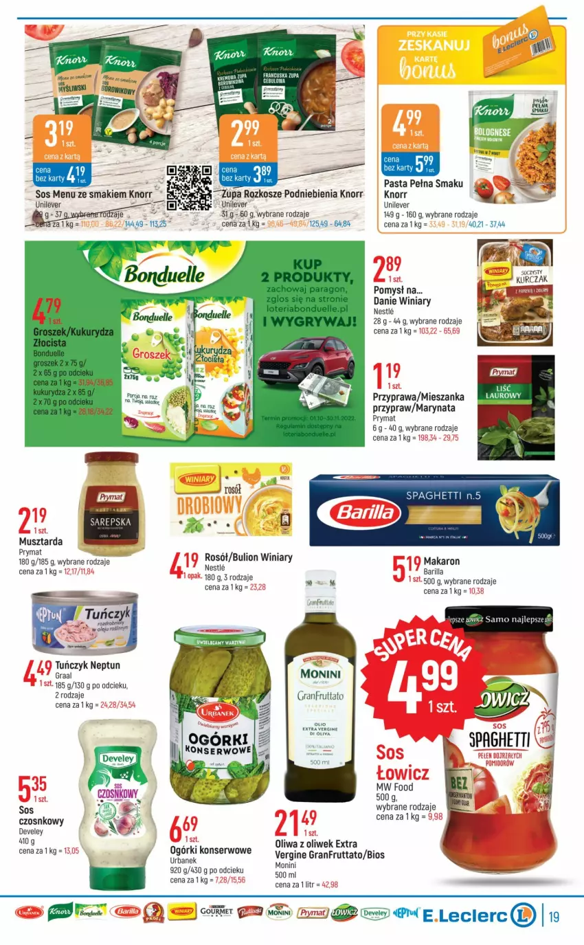 Gazetka promocyjna E Leclerc - ważna 02.11 do 12.11.2022 - strona 19 - produkty: Barilla, Gin, Gra, Graal, Knorr, Makaron, Monini, Mus, Musztarda, Olej, Oliwa z oliwek, Prymat, Ser, Top, Tuńczyk, Winiary, Zupa