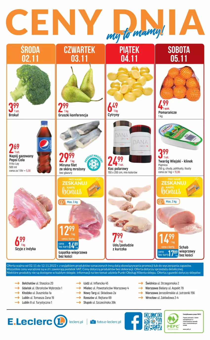 Gazetka promocyjna E Leclerc - ważna 02.11 do 12.11.2022 - strona 24 - produkty: Koc, Lazur, Miruna, Napój, Napój gazowany, Papier, Pepsi, Piątnica, Sos, Twaróg