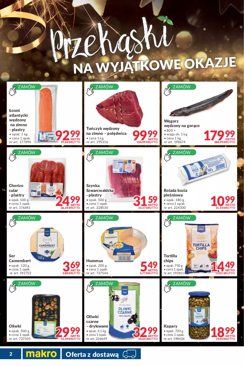 Gazetka promocyjna Makro - [Oferta promocyjna] Dostawa - ważna 14.12.2021 do 05.01.2022 - strona 2 - produkty: Camembert, Hummus, Kapary, Mus, Oliwki, Oliwki czarne, Polędwica, Rolada, Ser, Szynka, Tortilla, Tortilla Chips, Tuńczyk, Waga