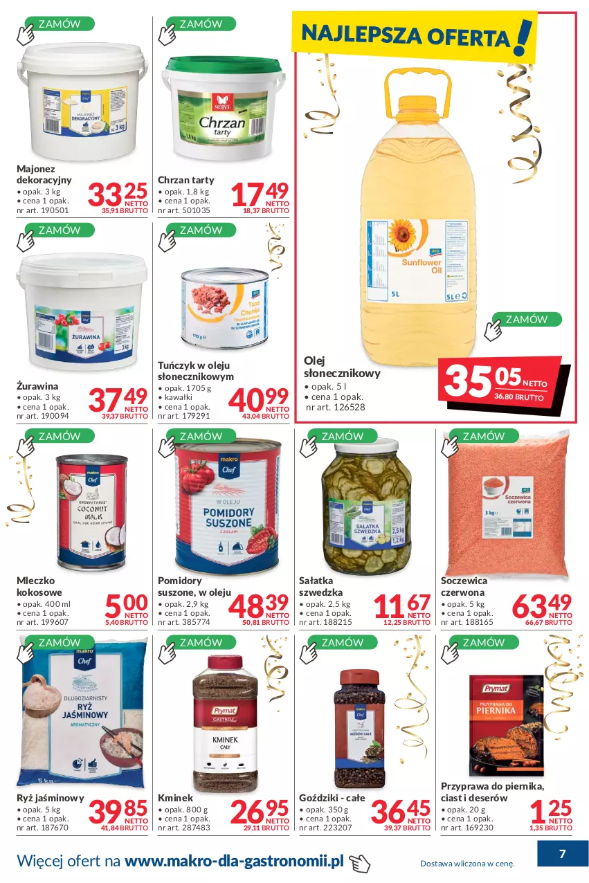 Gazetka promocyjna Makro - [Oferta promocyjna] Dostawa - ważna 14.12.2021 do 05.01.2022 - strona 7 - produkty: Chrzan, Deser, Kawa, Kminek, Kokos, Majonez, Mleczko, Olej, Olej słonecznikowy, Piernik, Pomidory, Ryż, Sałat, Sałatka, Ser, Tuńczyk