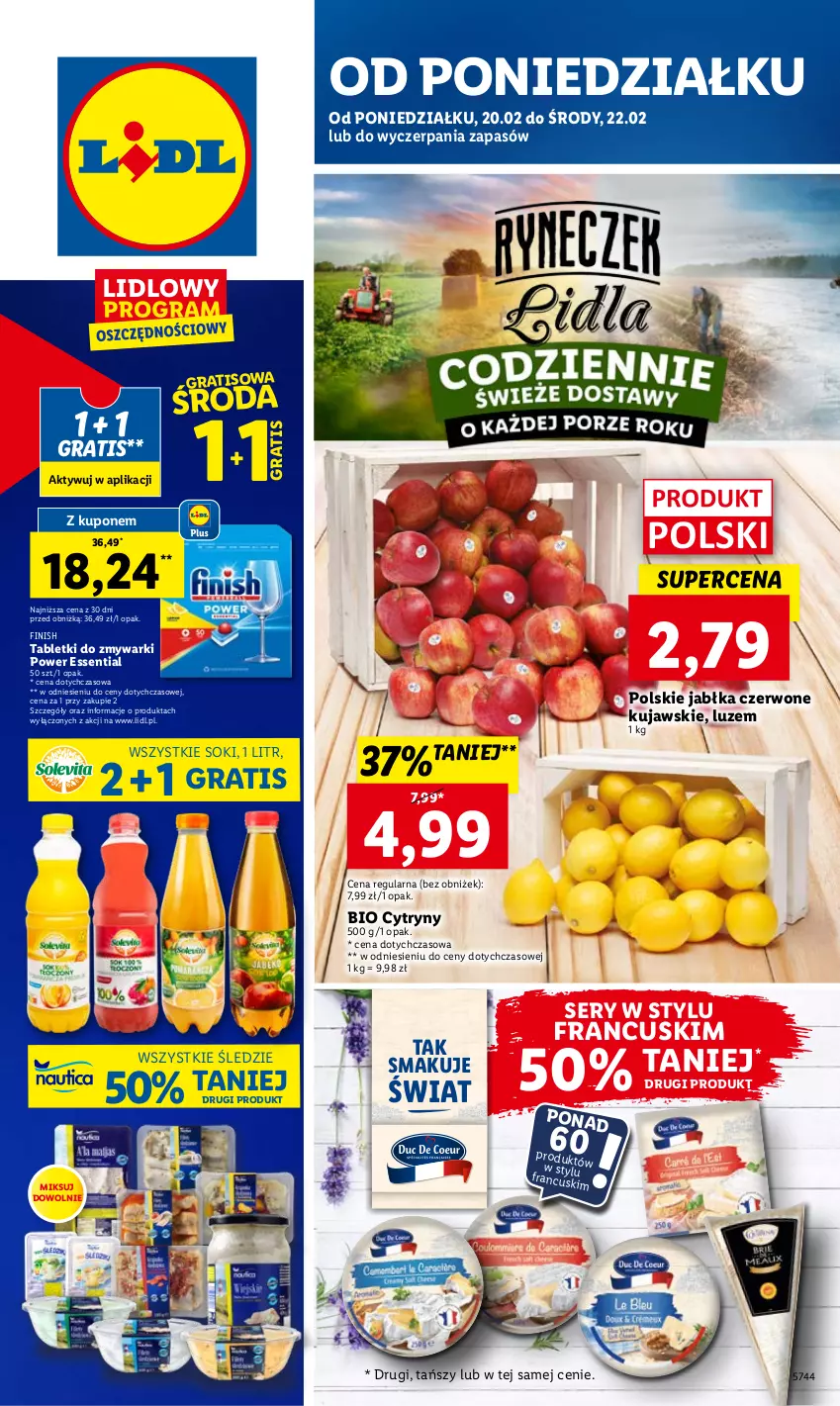 Gazetka promocyjna Lidl - GAZETKA - ważna 20.02 do 22.02.2023 - strona 1 - produkty: Cytryny, Finish, Gra, Jabłka, Kujawski, Ser, Sok, Tablet, Tabletki do zmywarki, Zmywarki