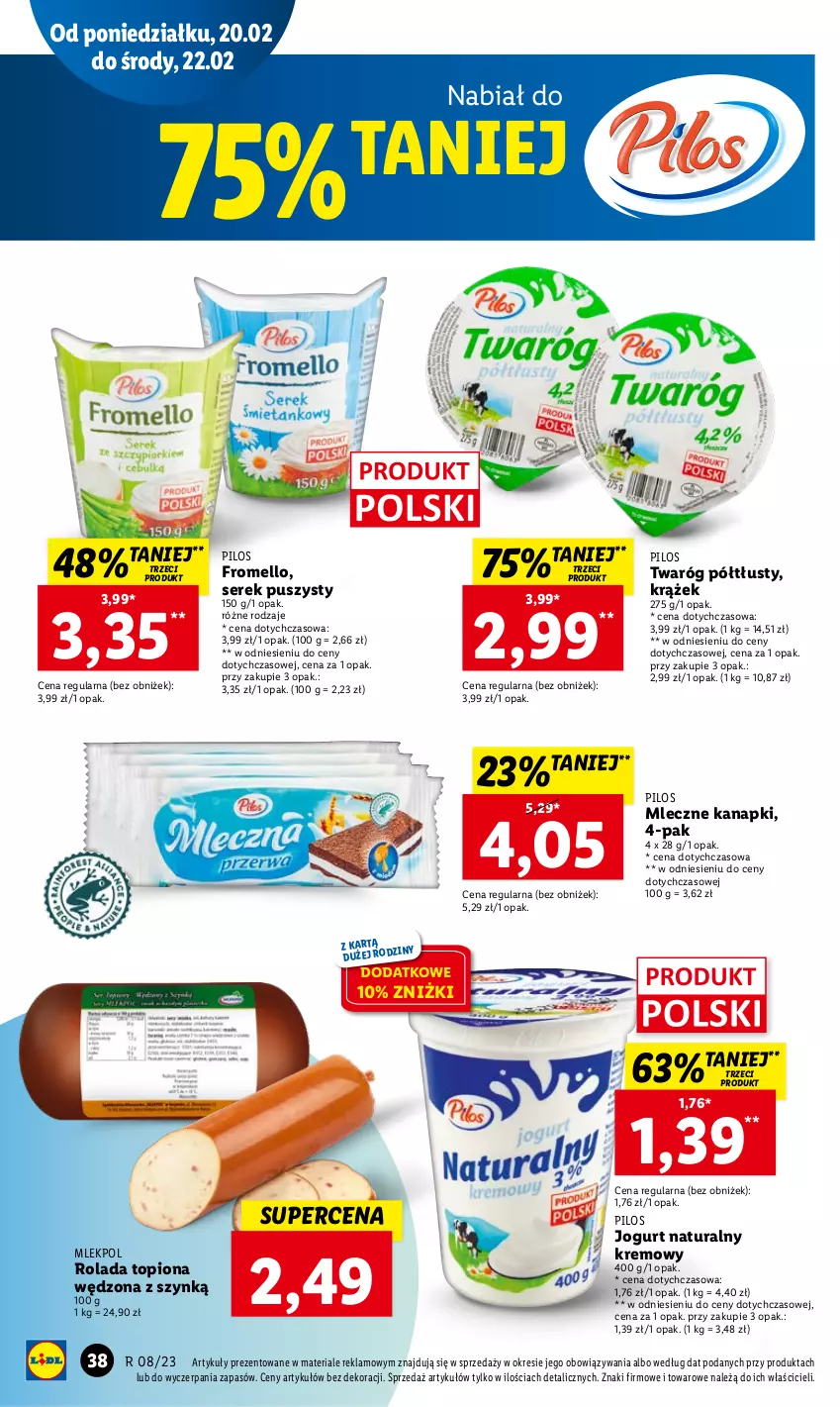 Gazetka promocyjna Lidl - GAZETKA - ważna 20.02 do 22.02.2023 - strona 46 - produkty: Jogurt, Jogurt naturalny, Pilos, Rolada, Ser, Serek, Serek puszysty, Top, Twaróg, Twaróg półtłusty