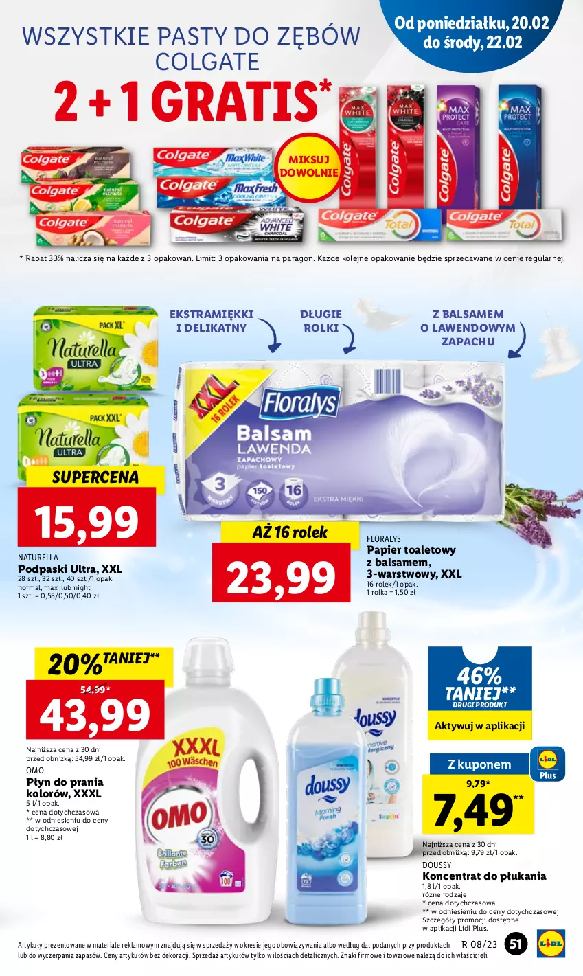 Gazetka promocyjna Lidl - GAZETKA - ważna 20.02 do 22.02.2023 - strona 59 - produkty: Colgate, Flora, Gra, LG, Naturell, Naturella, Olej, Papier, Papier toaletowy, Płyn do prania, Podpaski, Rolki