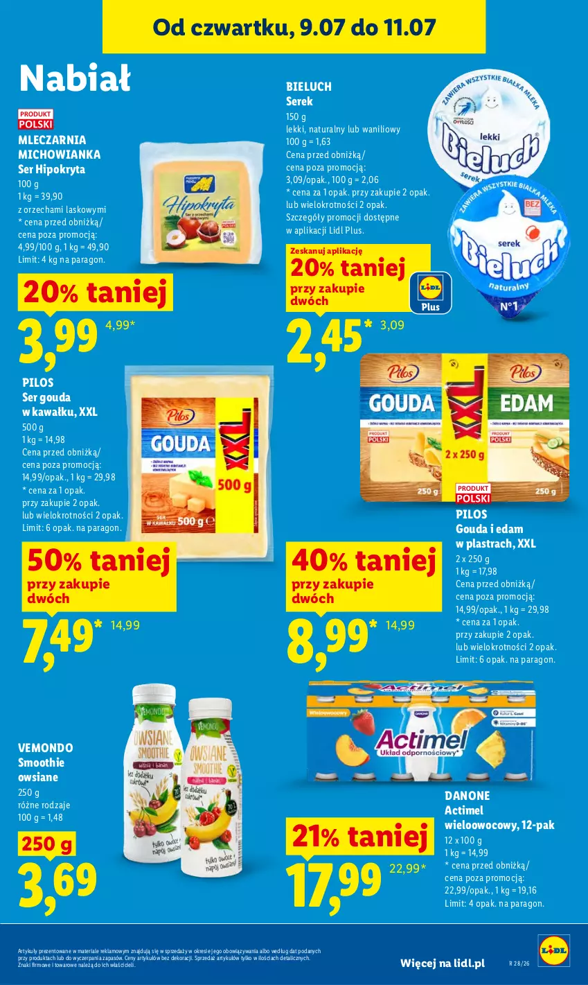 Gazetka promocyjna Lidl - Gazetka ważna od 9.07 do 11.07 - ważna 09.07 do 11.07.2026 - strona 59 - produkty: Actimel, Bieluch, Danone, Edam, Gouda, Kawa, Laur, Pilos, Ser, Serek, Smoothie