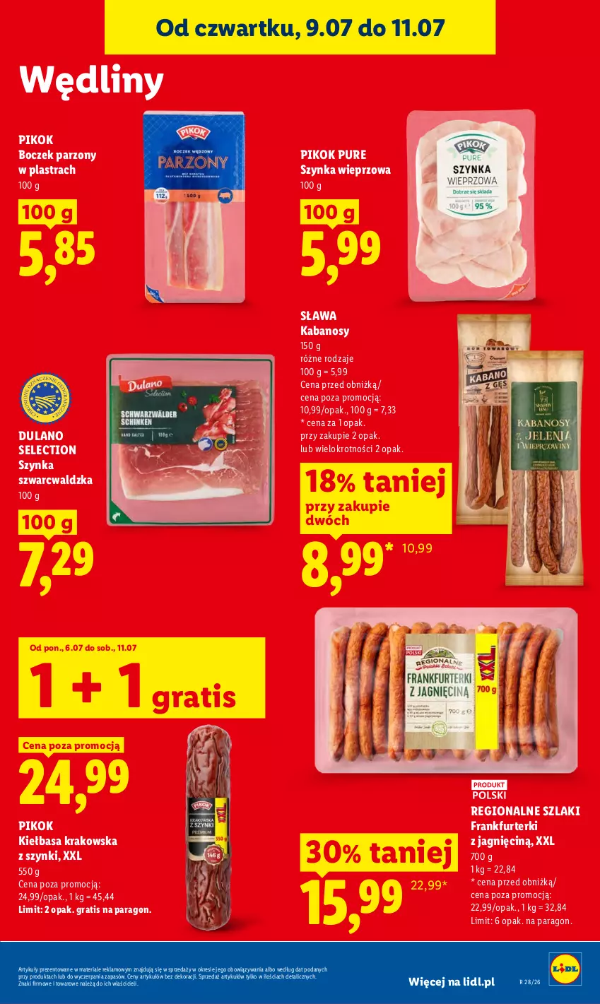 Gazetka promocyjna Lidl - Gazetka ważna od 9.07 do 11.07 - ważna 09.07 do 11.07.2026 - strona 61 - produkty: Boczek, Dulano, Frankfurterki, Gra, Kabanos, Kiełbasa, Kiełbasa krakowska, PIKOK, Pur, Szynka, Szynka wieprzowa