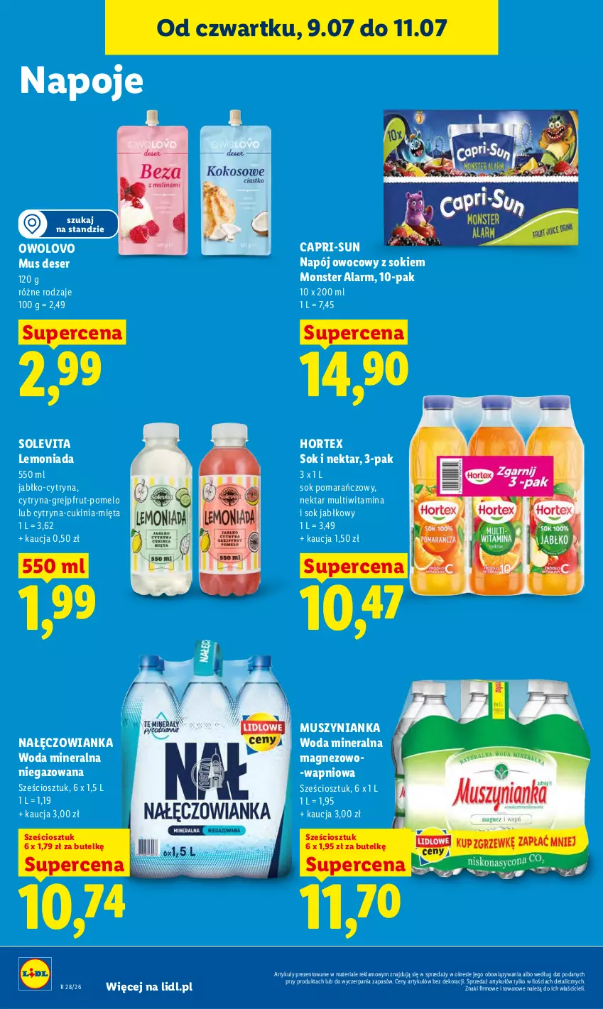 Gazetka promocyjna Lidl - Gazetka ważna od 9.07 do 11.07 - ważna 09.07 do 11.07.2026 - strona 70 - produkty: Deser, Grejpfrut, Hortex, Lemoniada, Magnez, Mięta, Mus, Muszynianka, Nałęczowianka, Napój, Napoje, Nektar, Pomelo, Ser, Sok, Sok jabłkowy, Sok pomarańczowy, Woda, Woda mineralna