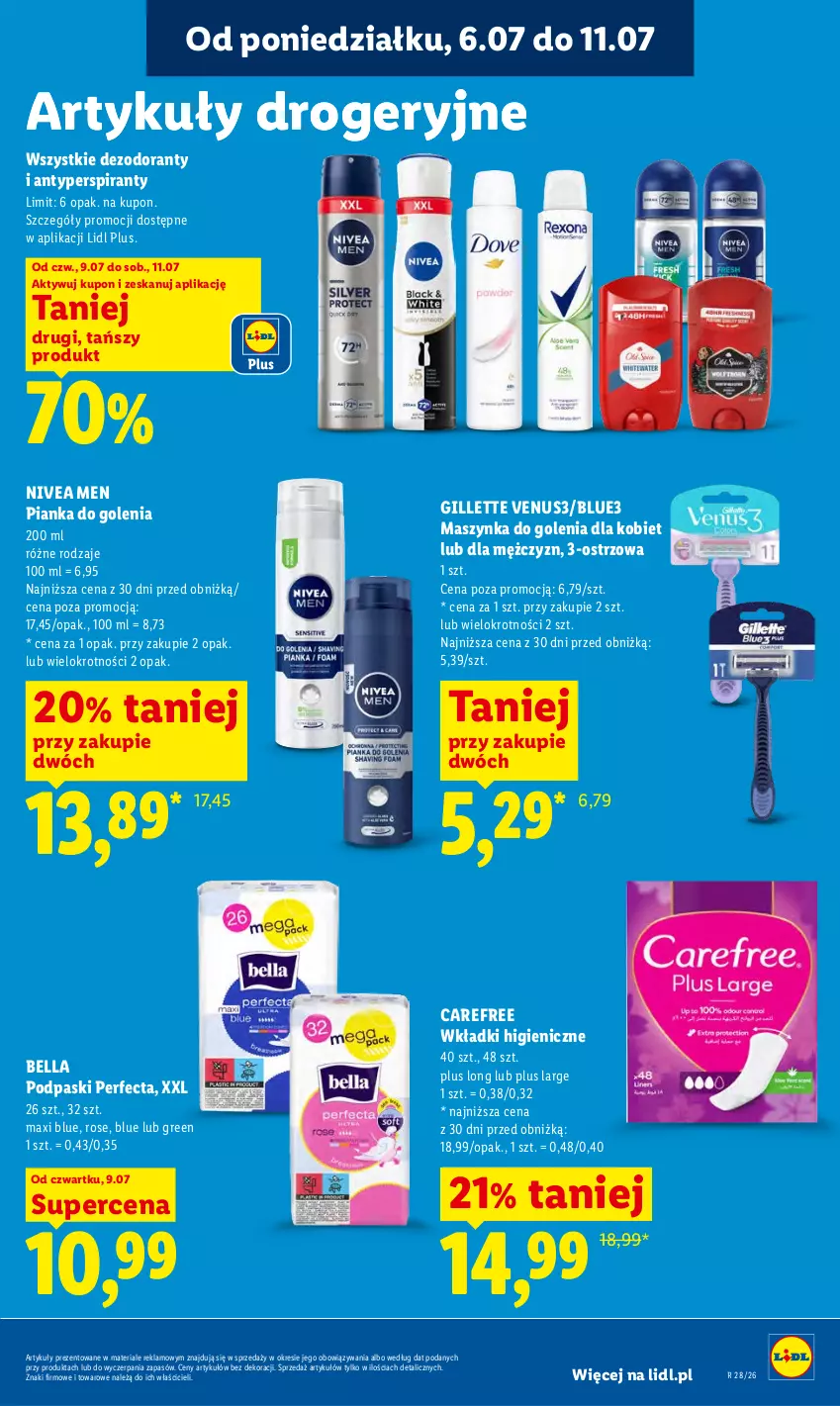 Gazetka promocyjna Lidl - Gazetka ważna od 9.07 do 11.07 - ważna 09.07 do 11.07.2026 - strona 89 - produkty: Antyperspirant, Bell, Bella, Carefree, Dezodorant, Gillette, Gillette Venus, Maszynka, Maszynka do golenia, Nivea, Nivea Men, Perfecta, Pianka do golenia, Podpaski, Szynka, Venus, Wkładki