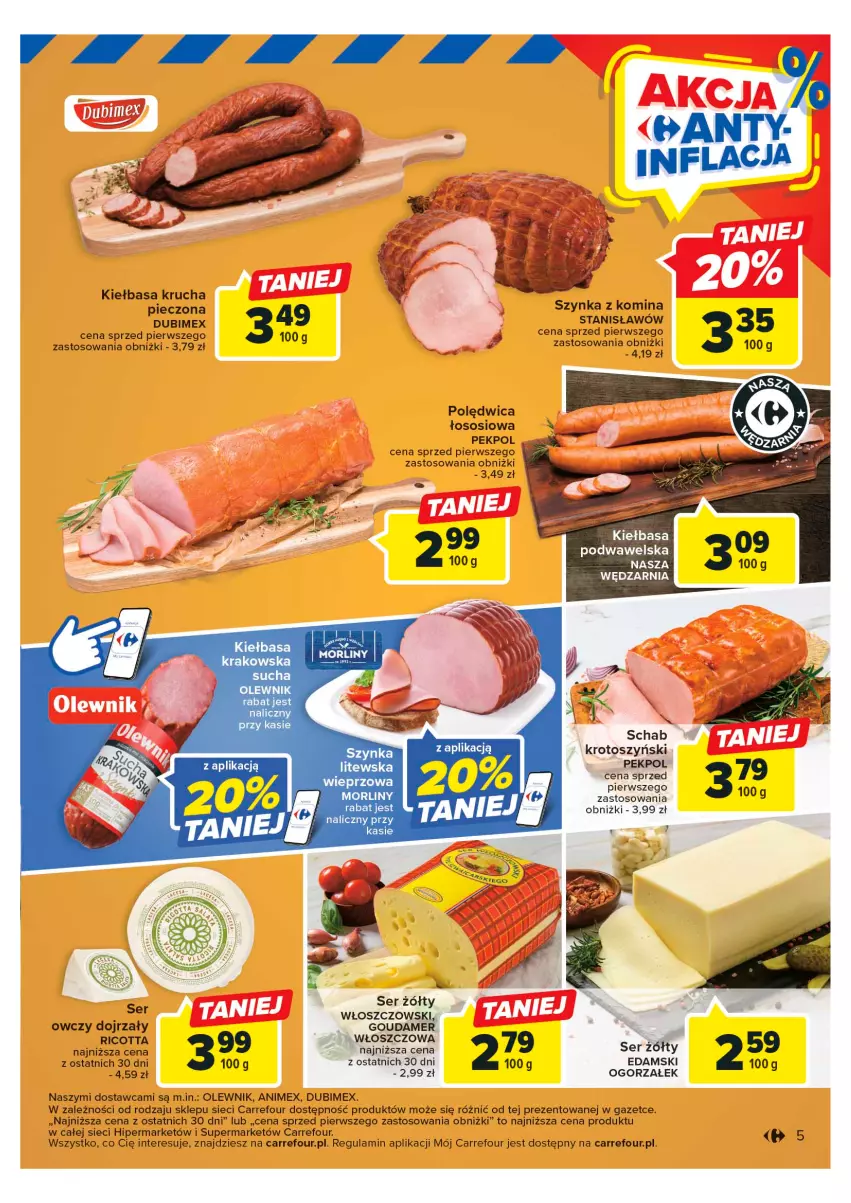 Gazetka promocyjna Carrefour - Gazetka Targ świeżości - ważna 29.05 do 03.06.2023 - strona 5 - produkty: Edam, Gouda, Kiełbasa, Kiełbasa krakowska, Kiełbasa krucha, Olewnik, Pekpol, Piec, Polędwica, Ricotta, Ser, Sos, Szynka, Wawel, Włoszczowski