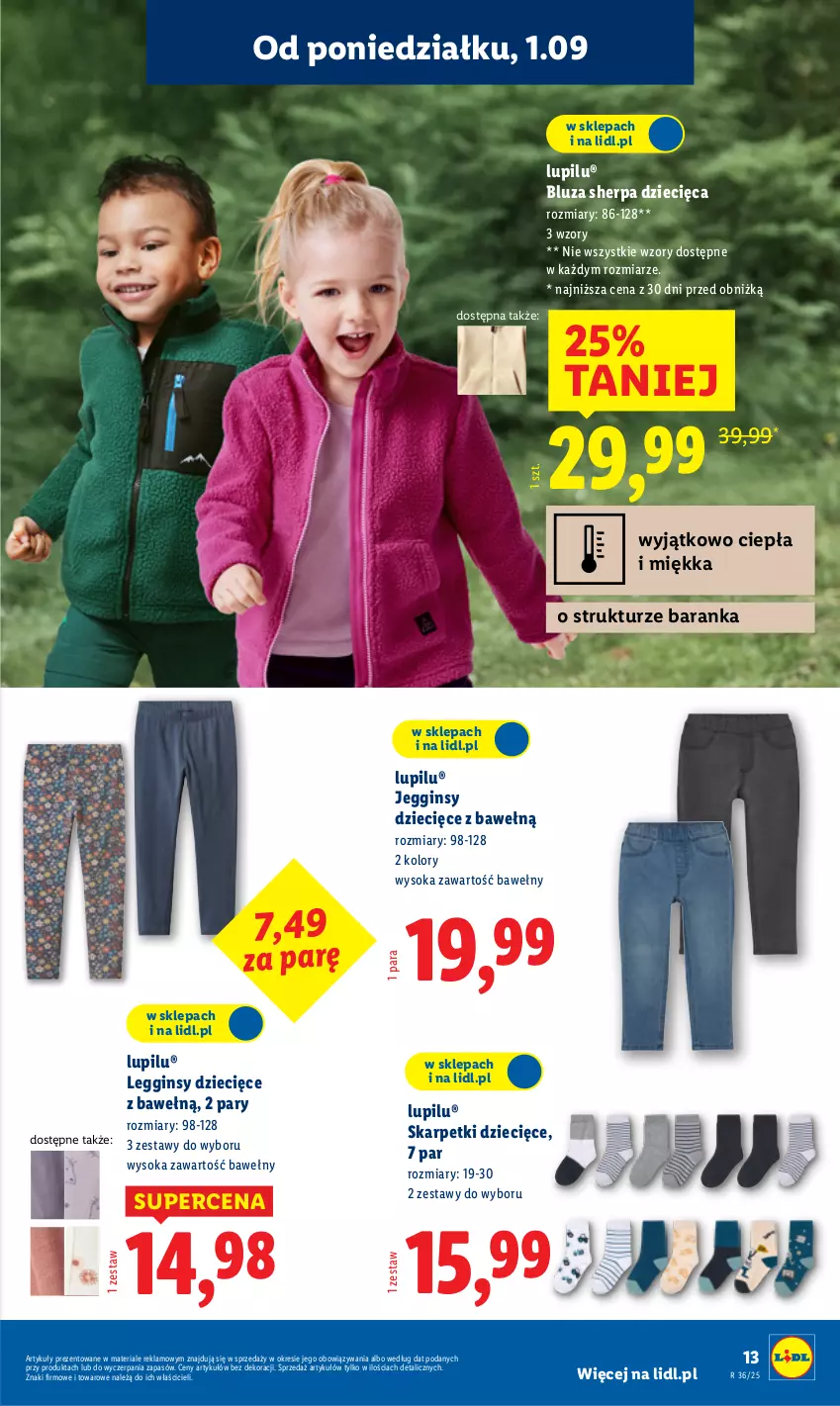 Gazetka promocyjna Lidl - GAZETKA - ważna 01.09 do 06.09.2025 - strona 13 - produkty: Bluza, Dzieci, Gin, Karp, Legginsy, Skarpetki, Sok