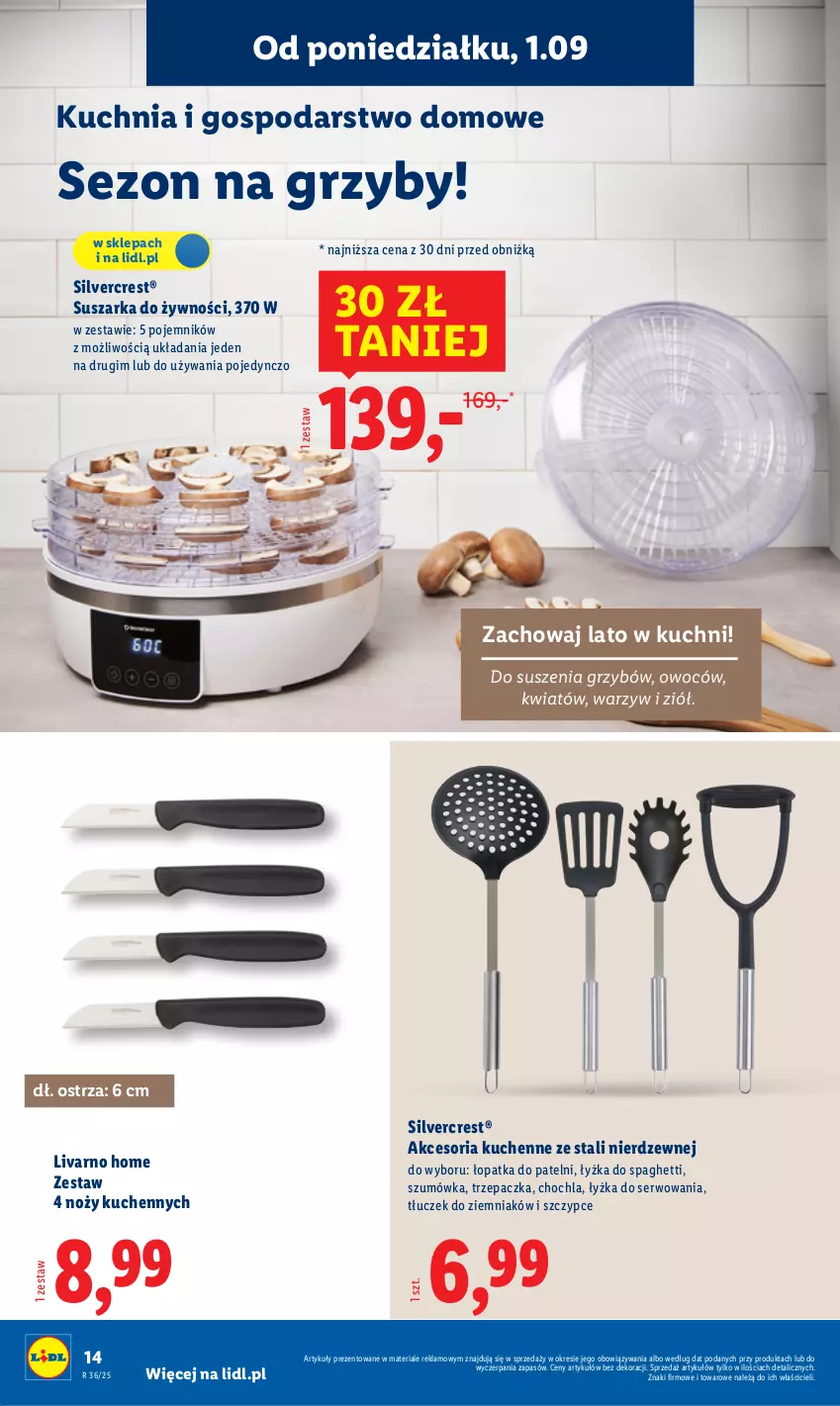 Gazetka promocyjna Lidl - GAZETKA - ważna 01.09 do 06.09.2025 - strona 16 - produkty: Grzyby, Ivar, Kuchnia, Noż, Pojemnik, Ser, Silvercrest, Spaghetti, Suszarka, Szczypce, Tłuczek, Trzepaczka