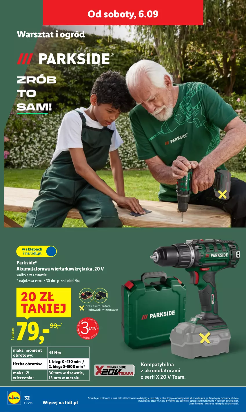 Gazetka promocyjna Lidl - GAZETKA - ważna 01.09 do 06.09.2025 - strona 34 - produkty: Akumulator, Akumulatorowa wiertarkowkrętark, Ogród, Parkside, Ser, Tarka, Walizka, Wiertarkowkrętarka, Wkręt, Wkrętarka