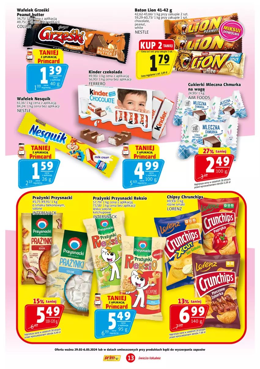 Gazetka promocyjna Prim Market - ważna 29.02 do 06.03.2024 - strona 13 - produkty: Baton, Beko, Cukier, Cukierki, Czekolada, Ferrero, Grześki, Kinder, Lion, Lorenz, Nesquik, Przysnacki, Wafelek