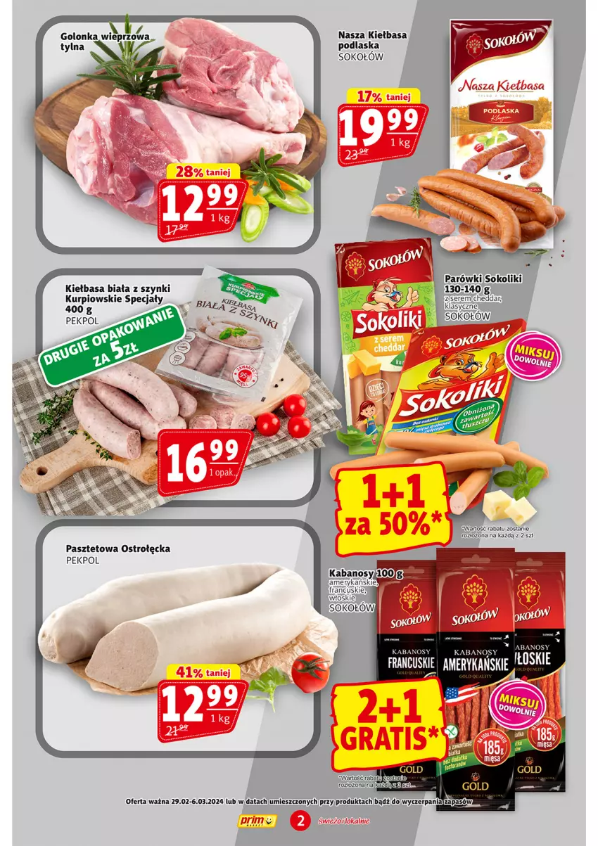 Gazetka promocyjna Prim Market - ważna 29.02 do 06.03.2024 - strona 2 - produkty: Cheddar, Golonka wieprzowa, Kiełbasa, Kiełbasa biała, Lion, Parówki, Pasztet, Pekpol, Ser, Sok, Sokołów