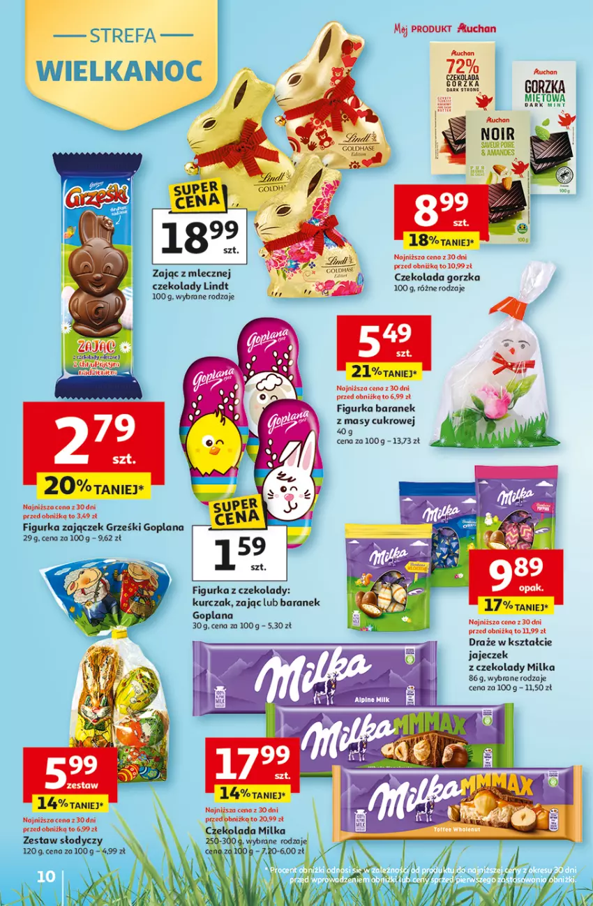 Gazetka promocyjna Auchan - Gazetka 30 Lat Hipermarket Auchan - ważna 26.03 do 30.03.2026 - strona 10 - produkty: Czekolada, Czekolada gorzka, Figurka z czekolady, Goplana, Grześki, Kurczak, LANA, Lindt, Milka