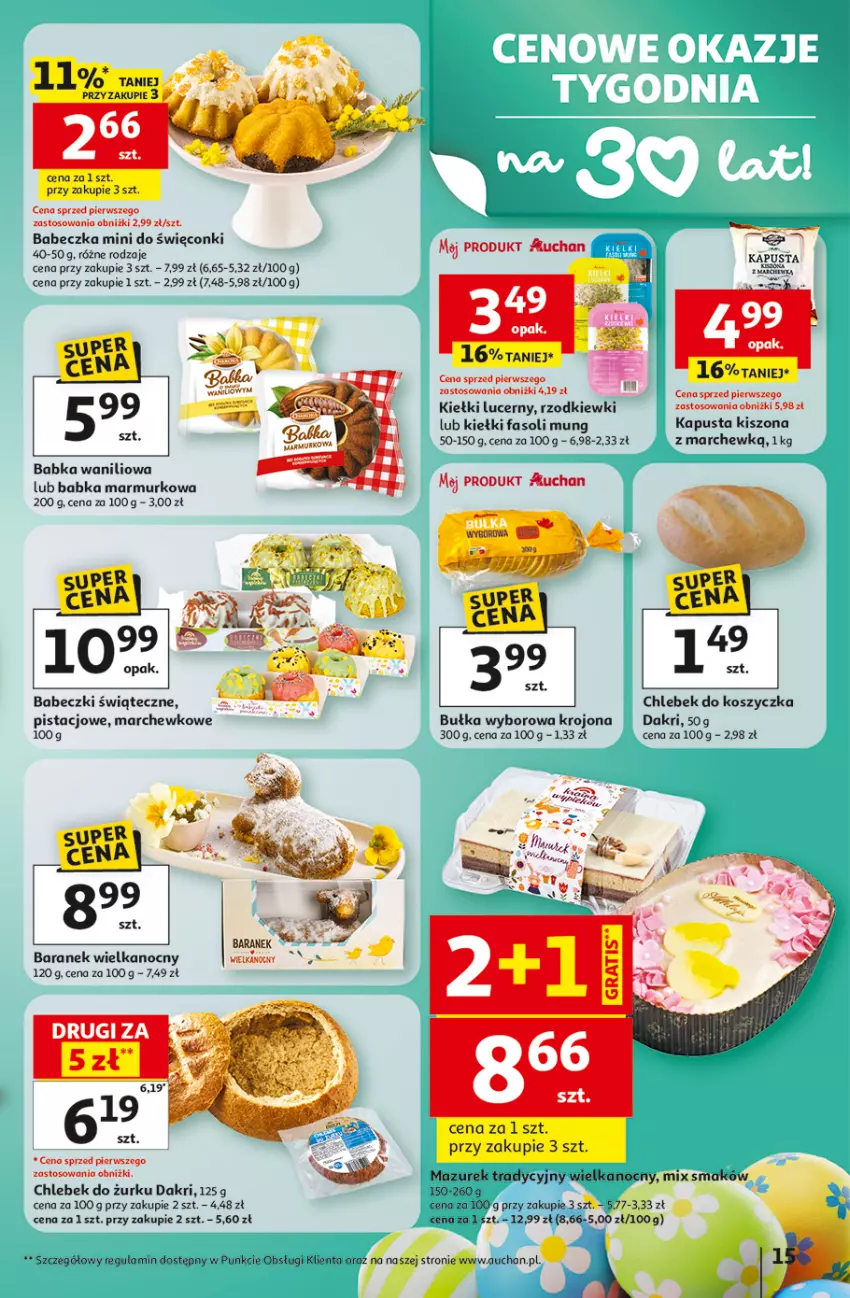 Gazetka promocyjna Auchan - Gazetka 30 Lat Hipermarket Auchan - ważna 26.03 do 30.03.2026 - strona 15 - produkty: Babeczki, Babka, Bułka, Chleb, Fa, Fasoli mung, Kiełki, Kosz, Ser, Wyborowa
