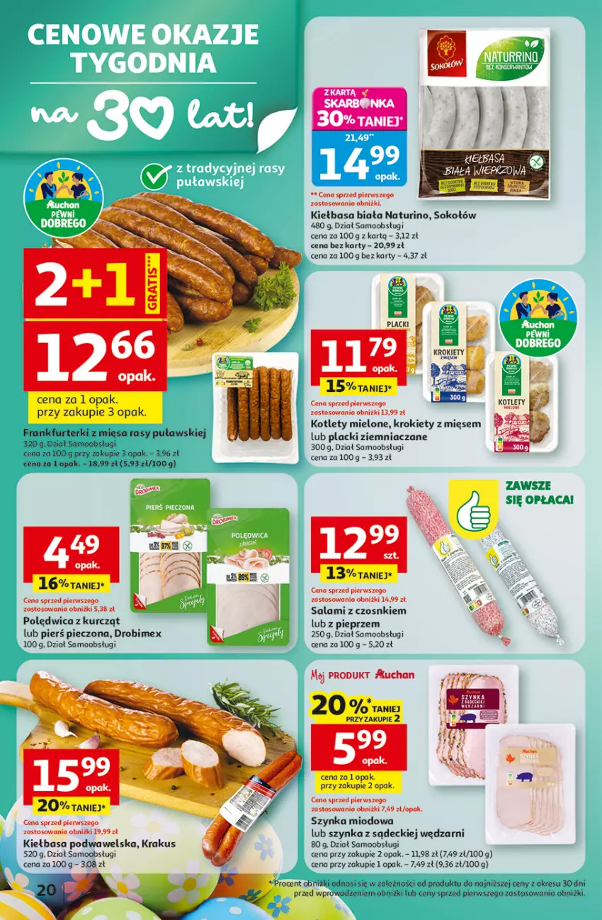 Gazetka promocyjna Auchan - Gazetka 30 Lat Hipermarket Auchan - ważna 26.03 do 30.03.2026 - strona 20 - produkty: Drobimex, Frankfurterki, Kiełbasa, Kiełbasa biała, Kiełbasa podwawelska, Kotlet, Krakus, Krokiety, Lack, Piec, Pieprz, Polędwica, Salami, Sok, Sokołów, Szynka, Wawel