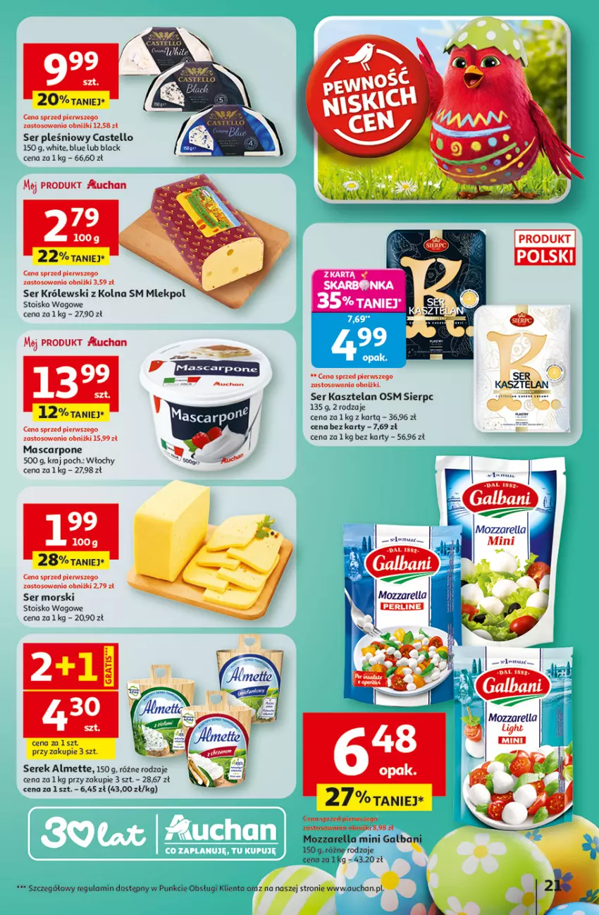 Gazetka promocyjna Auchan - Gazetka 30 Lat Hipermarket Auchan - ważna 26.03 do 30.03.2026 - strona 21 - produkty: Almette, Galbani, Kasztelan, Królewski, Lack, Mozzarella, Ser, Ser Kasztelan, Ser pleśniowy, Serek