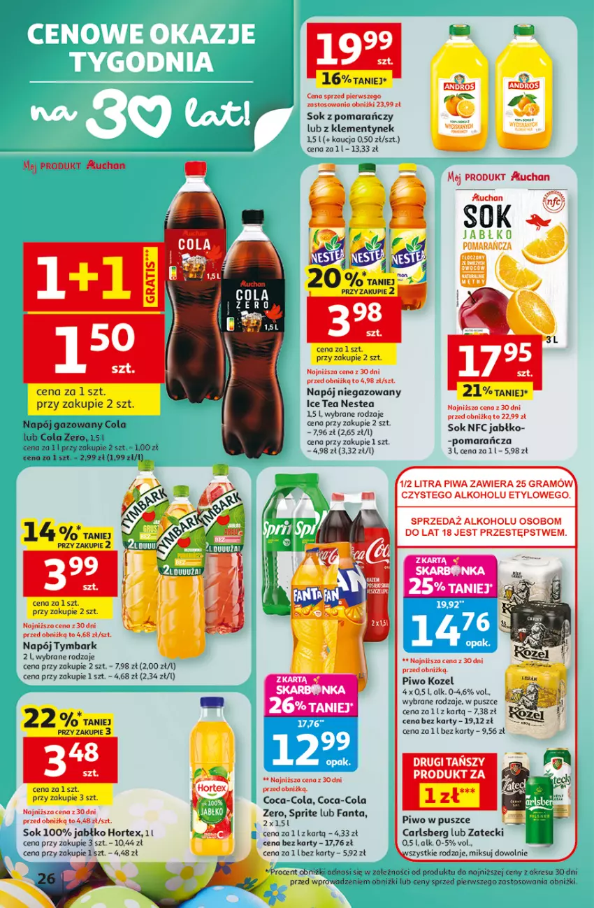 Gazetka promocyjna Auchan - Gazetka 30 Lat Hipermarket Auchan - ważna 26.03 do 30.03.2026 - strona 26 - produkty: Carlsberg, Coca-Cola, Fa, Fanta, Gra, Hortex, Kozel, Napój, Napój gazowany, Napój niegazowany, Nestea, Piwa, Piwo, Sok, Sprite, Tymbark