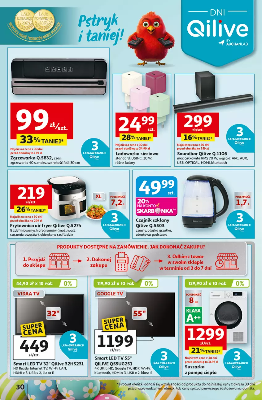 Gazetka promocyjna Auchan - Gazetka 30 Lat Hipermarket Auchan - ważna 26.03 do 30.03.2026 - strona 30 - produkty: Czajnik, Gra, Grzałka, HD ready, LED TV, Soundbar, Suszarka, Warka