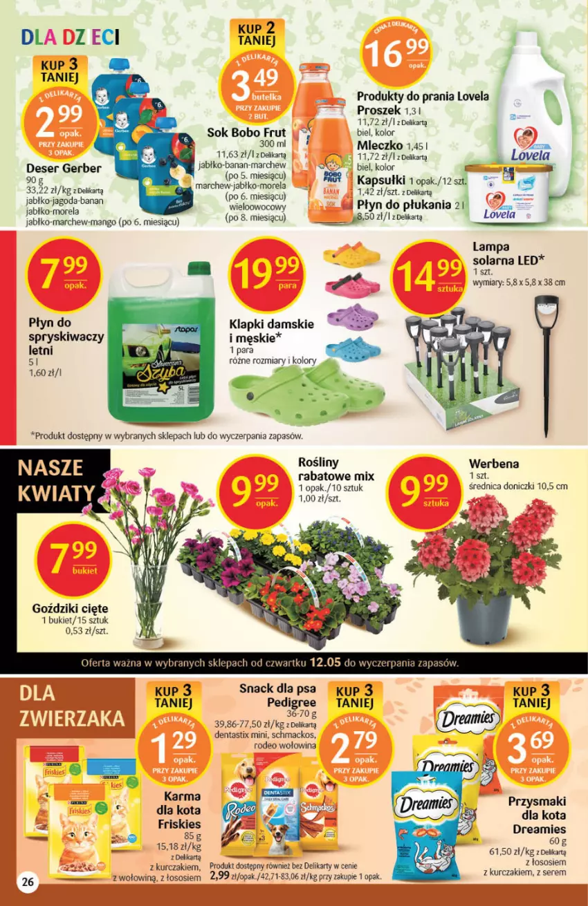 Gazetka promocyjna Delikatesy Centrum - Gazetka DC18 - ważna 12.05 do 18.05.2022 - strona 26 - produkty: Bukiet, Deser, Gerber, Klapki, Kurczak, Lampa, Lovela, Mango, Mleczko, Morela, Pedigree, Płyn do płukania, Por, Przysmaki, Ser, Sok, Sos, Wołowina