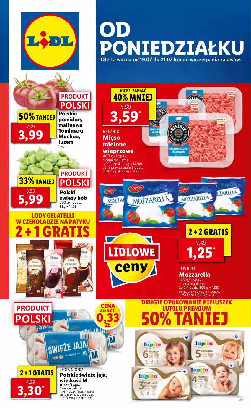 Gazetka promocyjna Lidl - GAZETKA - ważna 19.07 do 21.07.2021 - strona 1 - produkty: Gra, Jaja, Lody, Lovi, Mięso, Mozzarella, Pomidory