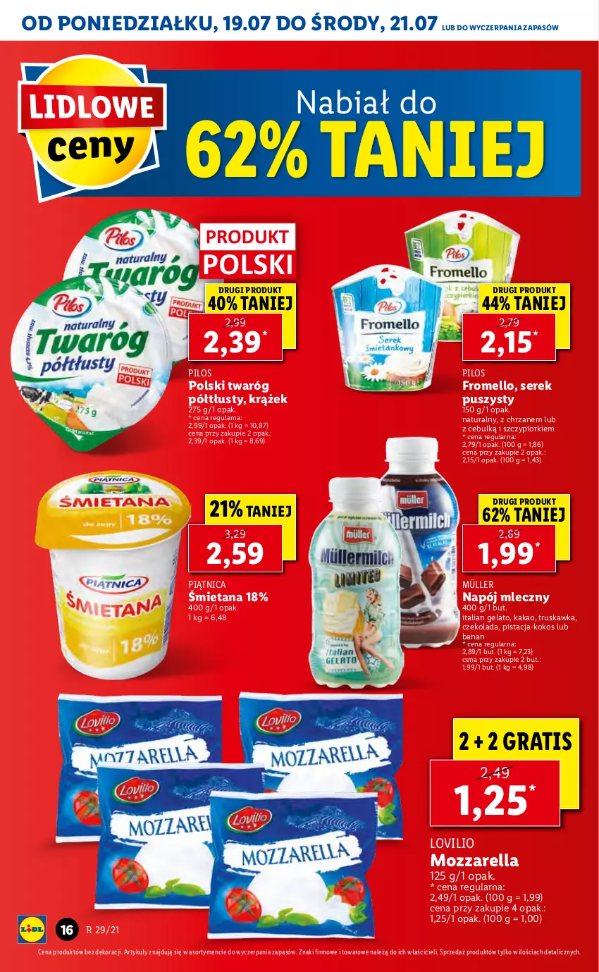 Gazetka promocyjna Lidl - GAZETKA - ważna 19.07 do 21.07.2021 - strona 16 - produkty: Chrzan, Czekolada, Gra, Kakao, Kokos, Lovi, Mozzarella, Müller, Napój, Napój mleczny, Piątnica, Pilos, Ser, Serek, Serek puszysty, Twaróg, Twaróg półtłusty