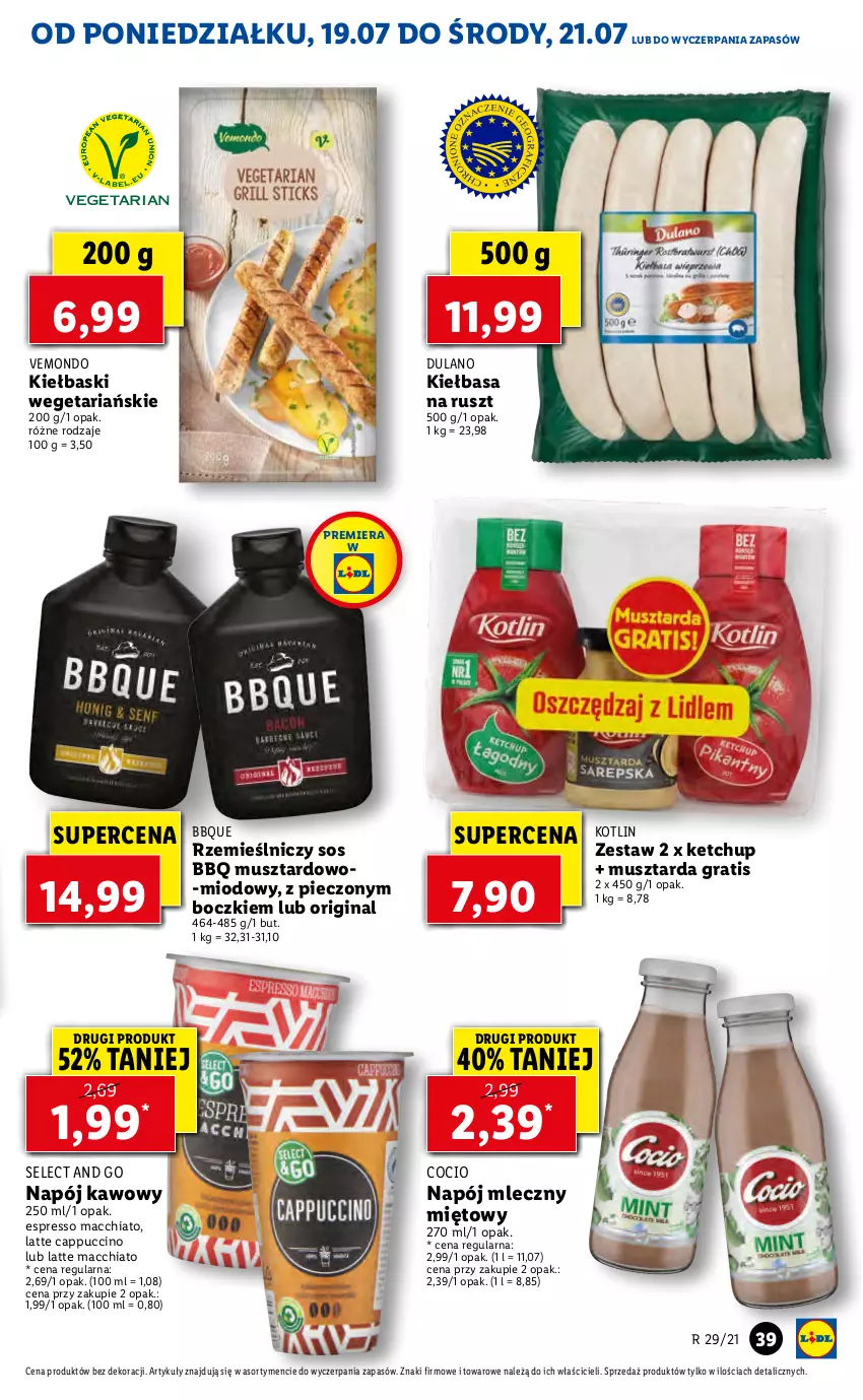 Gazetka promocyjna Lidl - GAZETKA - ważna 19.07 do 21.07.2021 - strona 39 - produkty: Cappuccino, Chia, Dulano, Gin, Gra, Ketchup, Kiełbasa, Kotlin, Mus, Musztarda, Napój, Napój mleczny, Piec, Sos