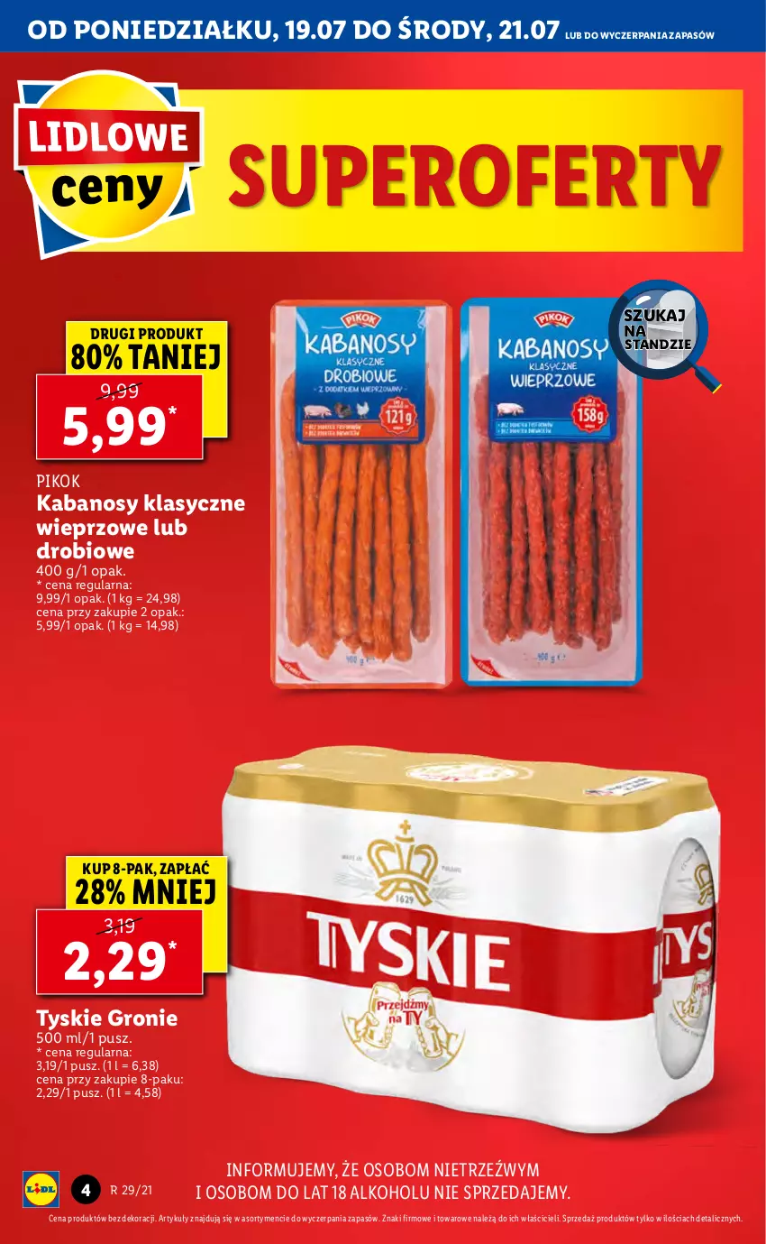 Gazetka promocyjna Lidl - GAZETKA - ważna 19.07 do 21.07.2021 - strona 4 - produkty: Kabanos, PIKOK, Tyskie